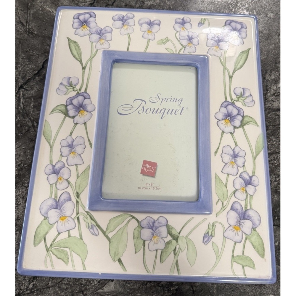 Russ Handpainted Porcelain Picture Frame Spring Bouquet Violets Flowers 4X6 VTG